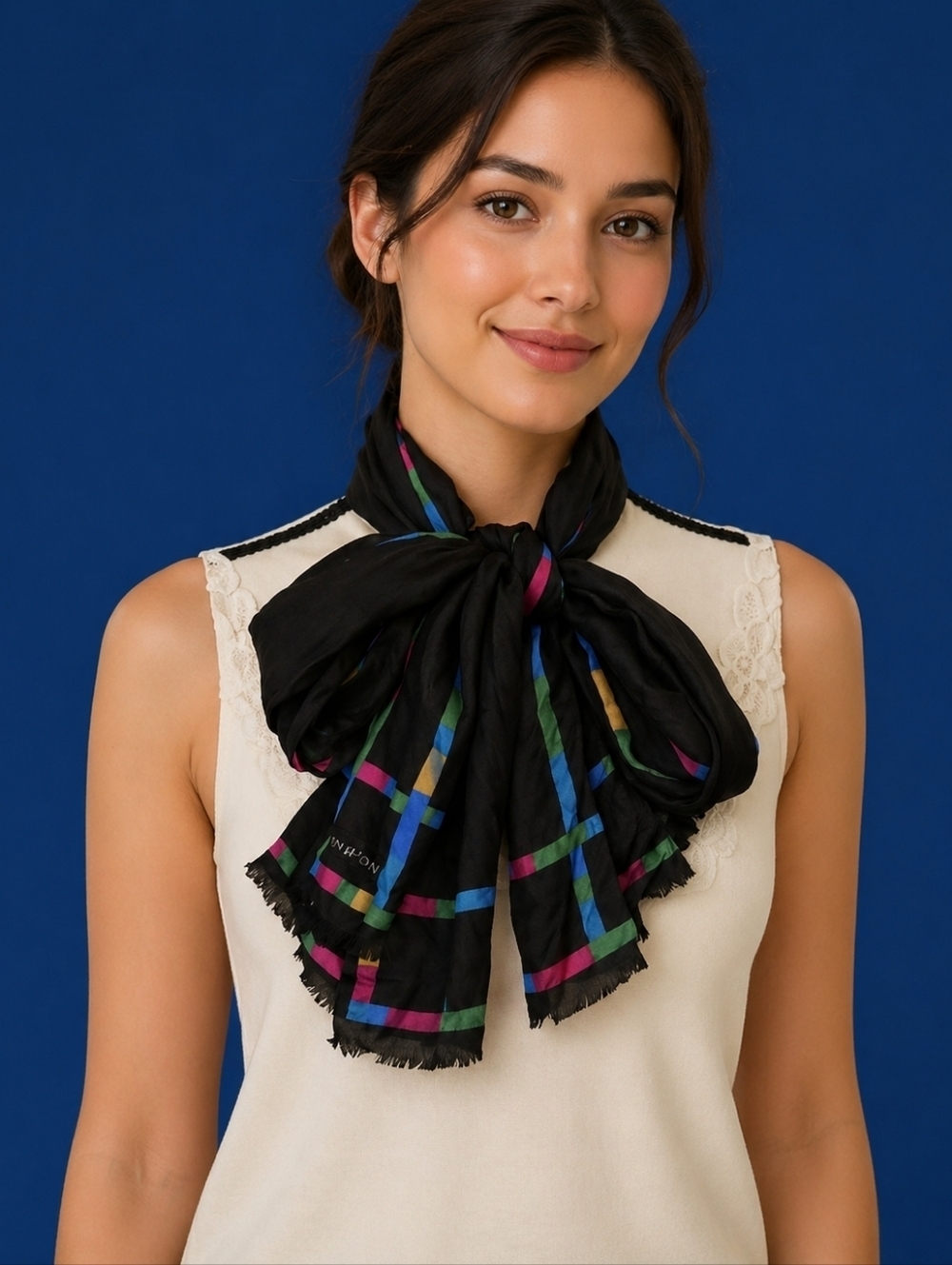 ALBERT NIPON Black Rainbow Striped Trim Silk Scarf